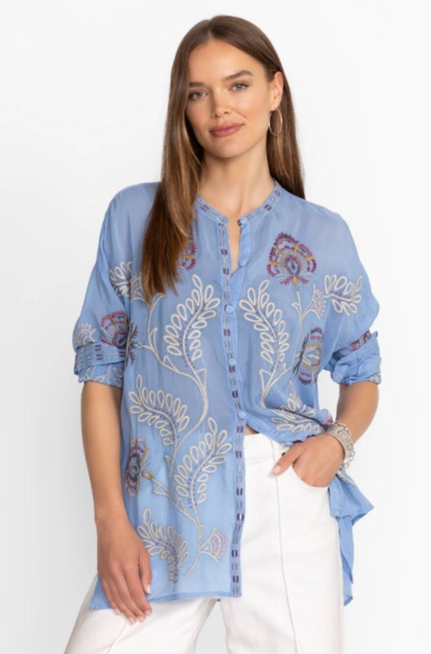 NWT Johnny Was Endless Sky Audrey Button Front Mandarin Collar Tunic Medium